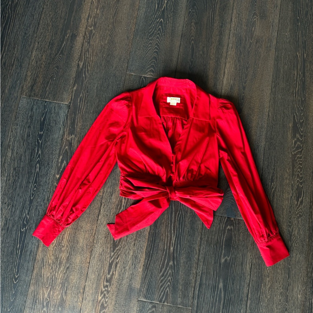Anthropologie Maeve Red Cropped Poplin Tie Blouse